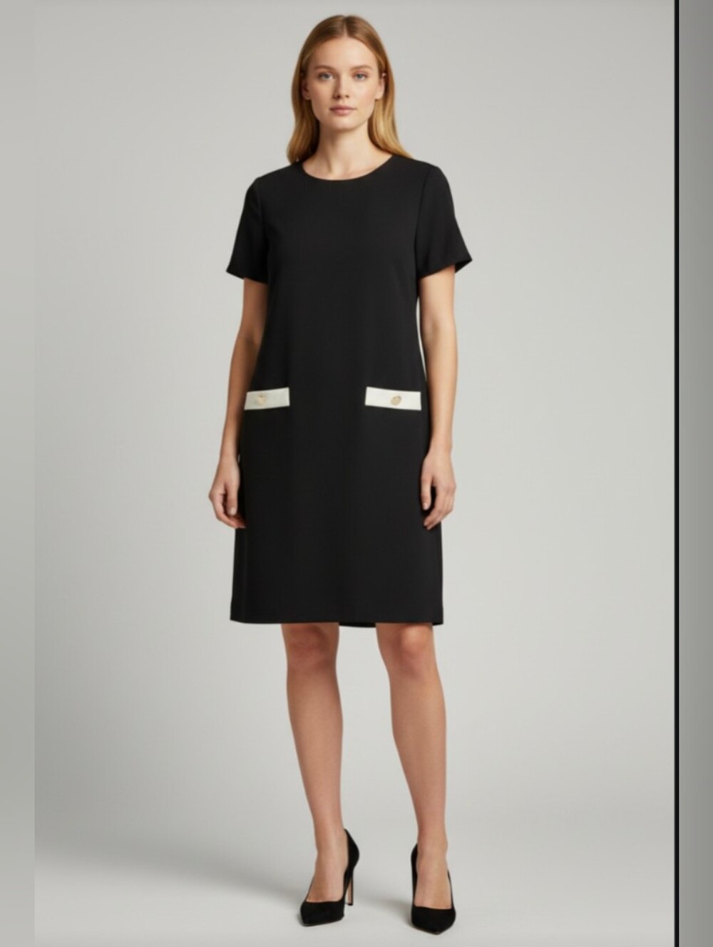 TOMMY HILFIGER! BLACK & WHITE W/GOLD BUTTON FRONT POCKETS, RETRO DRESS! SZ 16